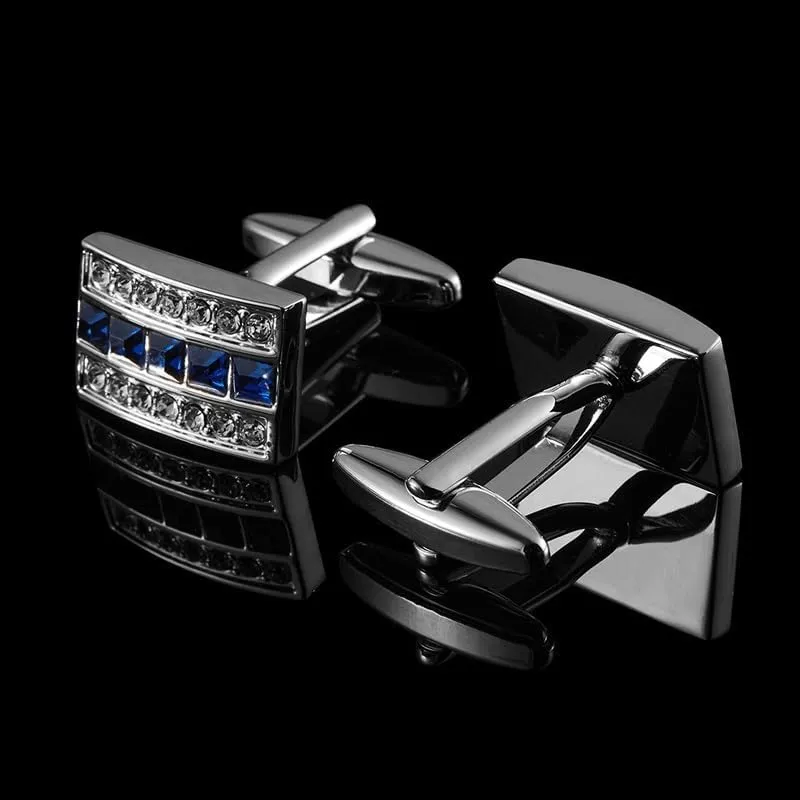 Metallic Silver Cufflinks with Diamonds Men's Dress Cuff Cuff Nails French Shirt Button Nails (Blue As Shown)