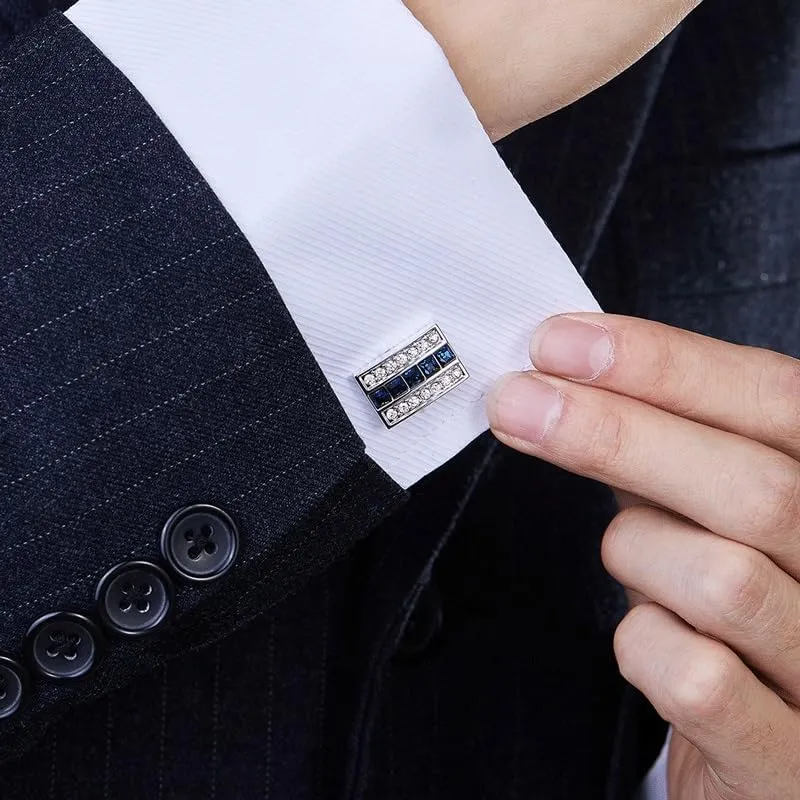 Metallic Silver Cufflinks with Diamonds Men's Dress Cuff Cuff Nails French Shirt Button Nails (Blue As Shown)