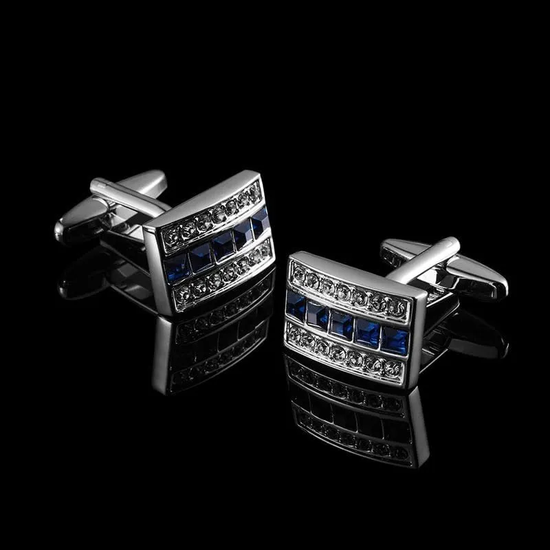 Metallic Silver Cufflinks with Diamonds Men's Dress Cuff Cuff Nails French Shirt Button Nails (Blue As Shown)