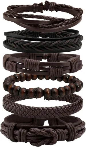 MILAKOO 6 Pcs Braided Leather Bracelet for Men Women Wooden Beaded Cuff Wrap Bracelet Adjustable