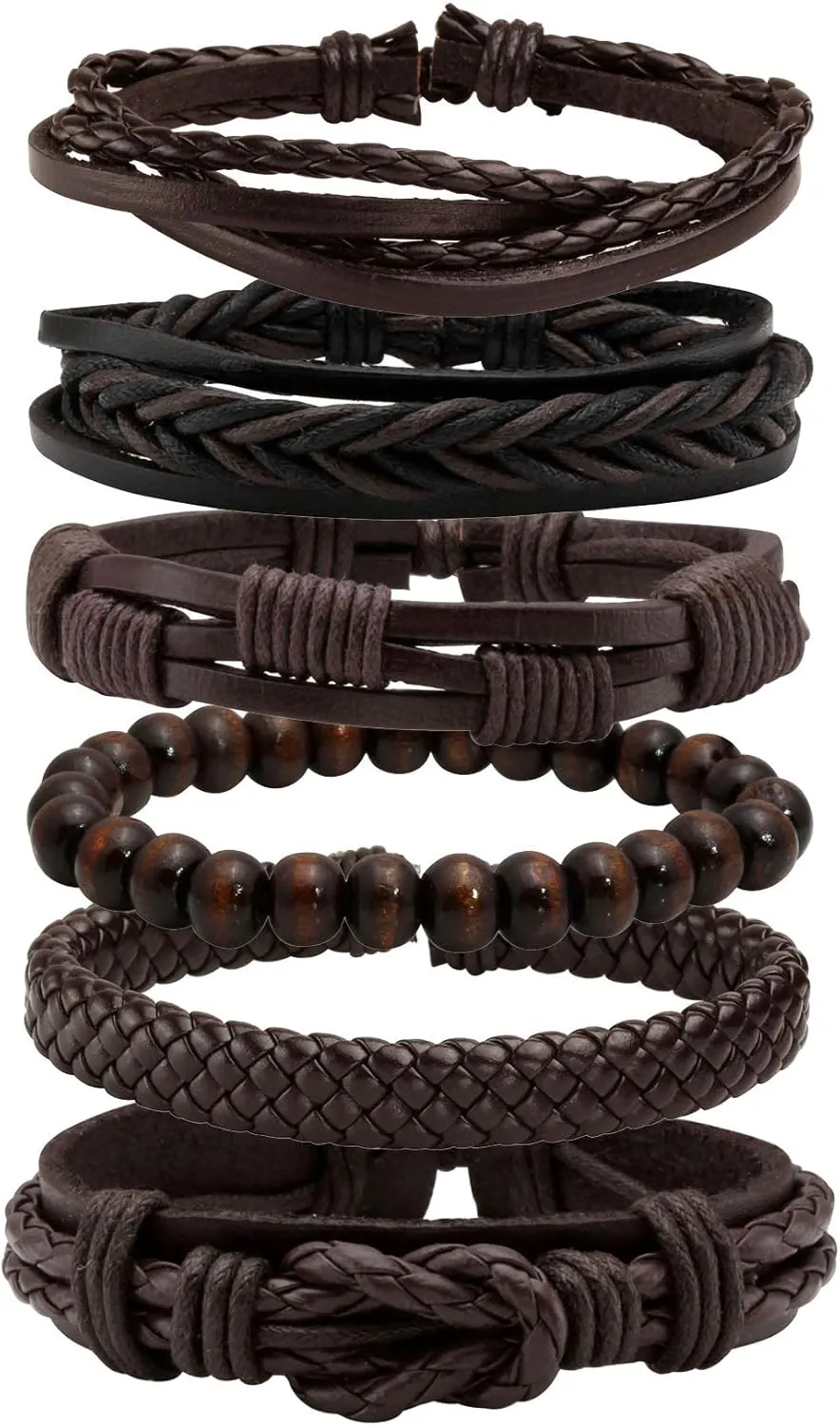 MILAKOO 6 Pcs Braided Leather Bracelet for Men Women Wooden Beaded Cuff Wrap Bracelet Adjustable