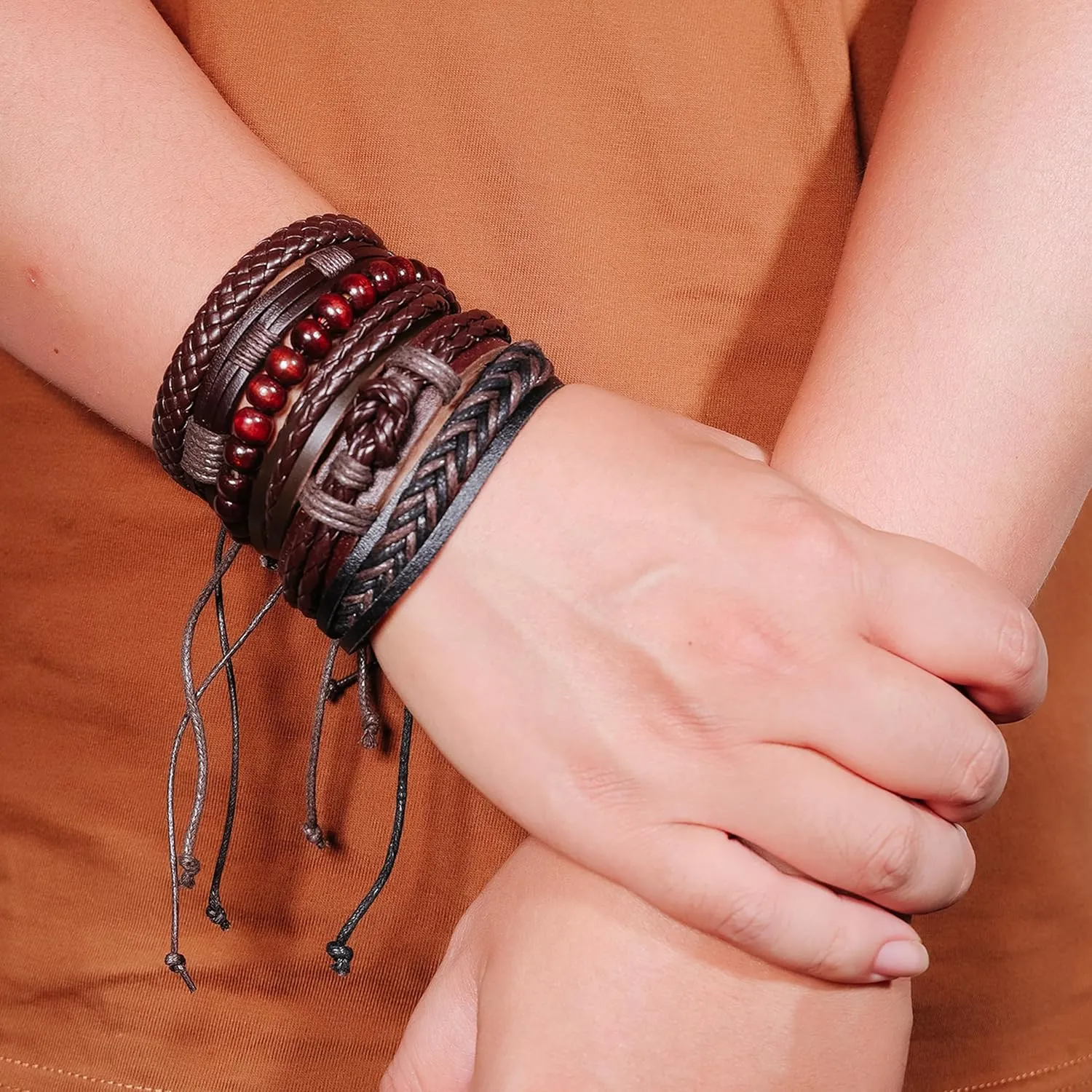 MILAKOO 6 Pcs Braided Leather Bracelet for Men Women Wooden Beaded Cuff Wrap Bracelet Adjustable