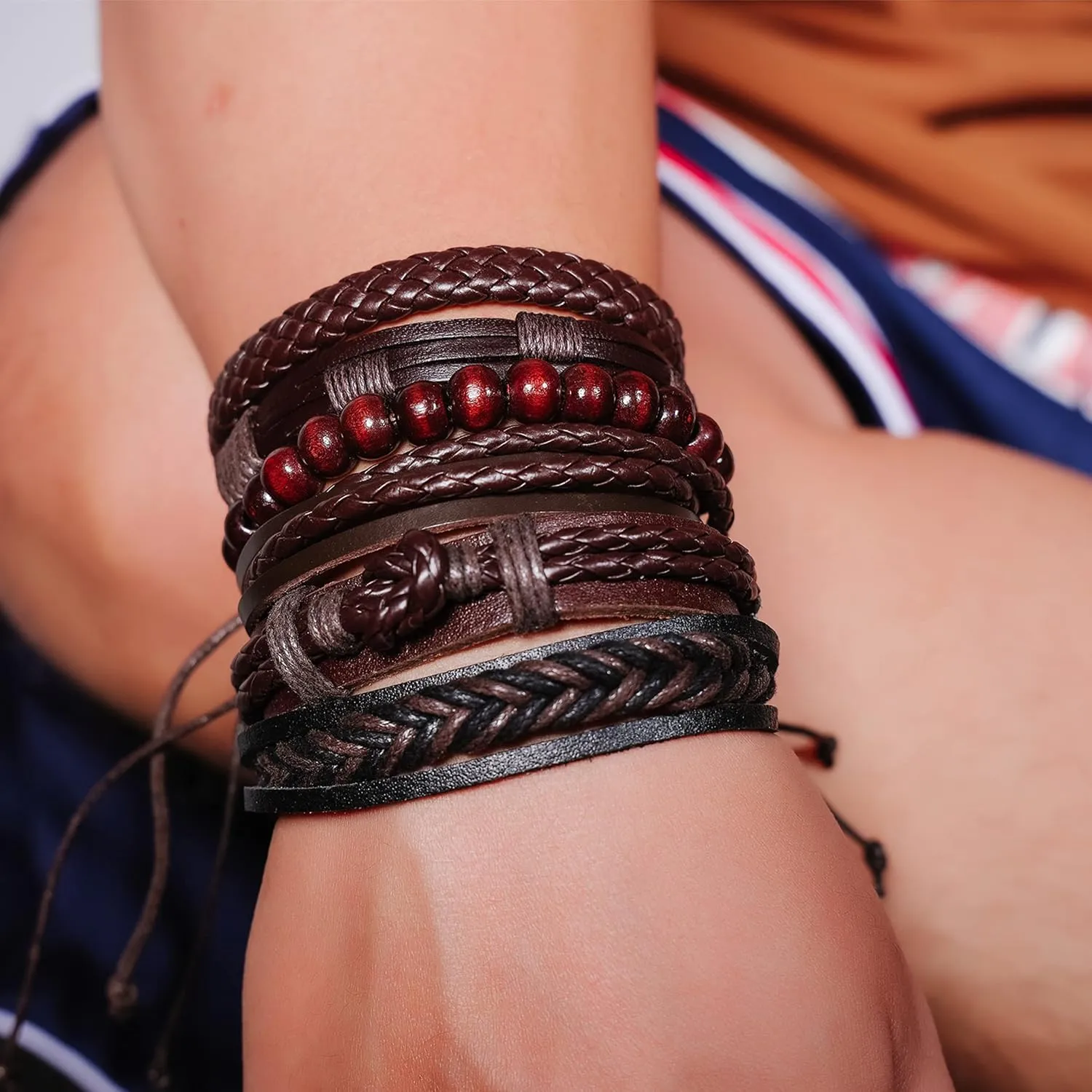 MILAKOO 6 Pcs Braided Leather Bracelet for Men Women Wooden Beaded Cuff Wrap Bracelet Adjustable