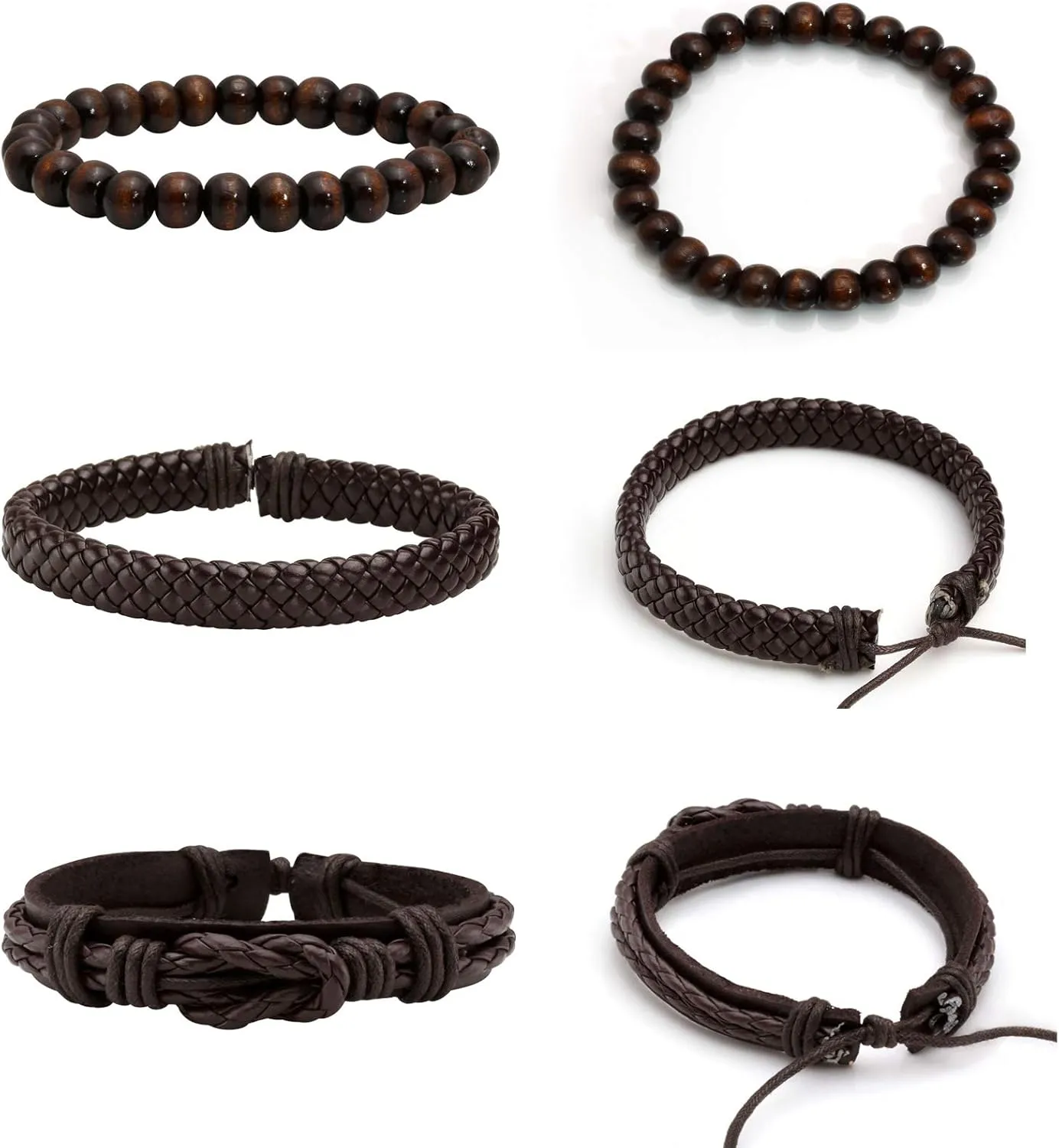 MILAKOO 6 Pcs Braided Leather Bracelet for Men Women Wooden Beaded Cuff Wrap Bracelet Adjustable