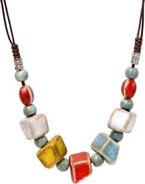 MINACHI Bohemian Hippie Colorful Ceramic Geometric Bead Strand Necklace, Vintage Boho Statement Jewelry Gift for Women