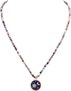 MINACHI Natural Stone Sun Moon Pendant Necklace, Handmade, Boho Style, Blue Purple Tone, Fashion Jewelry Accessories for Women