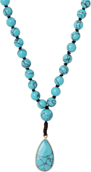 MINACHI Vintage Created Turquoise Bead Long Necklace with Waterdrop Pendant, Boho Jewelry for Women, Mother, Grandmother