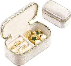 Mini Travel Jewelry Case, Velvet Small Travel Jewelry Box, Portable Tiny Jewelry Travel Organizer Box for Rings Earrings Necklaces, Gifts for Women Girls(Beige)