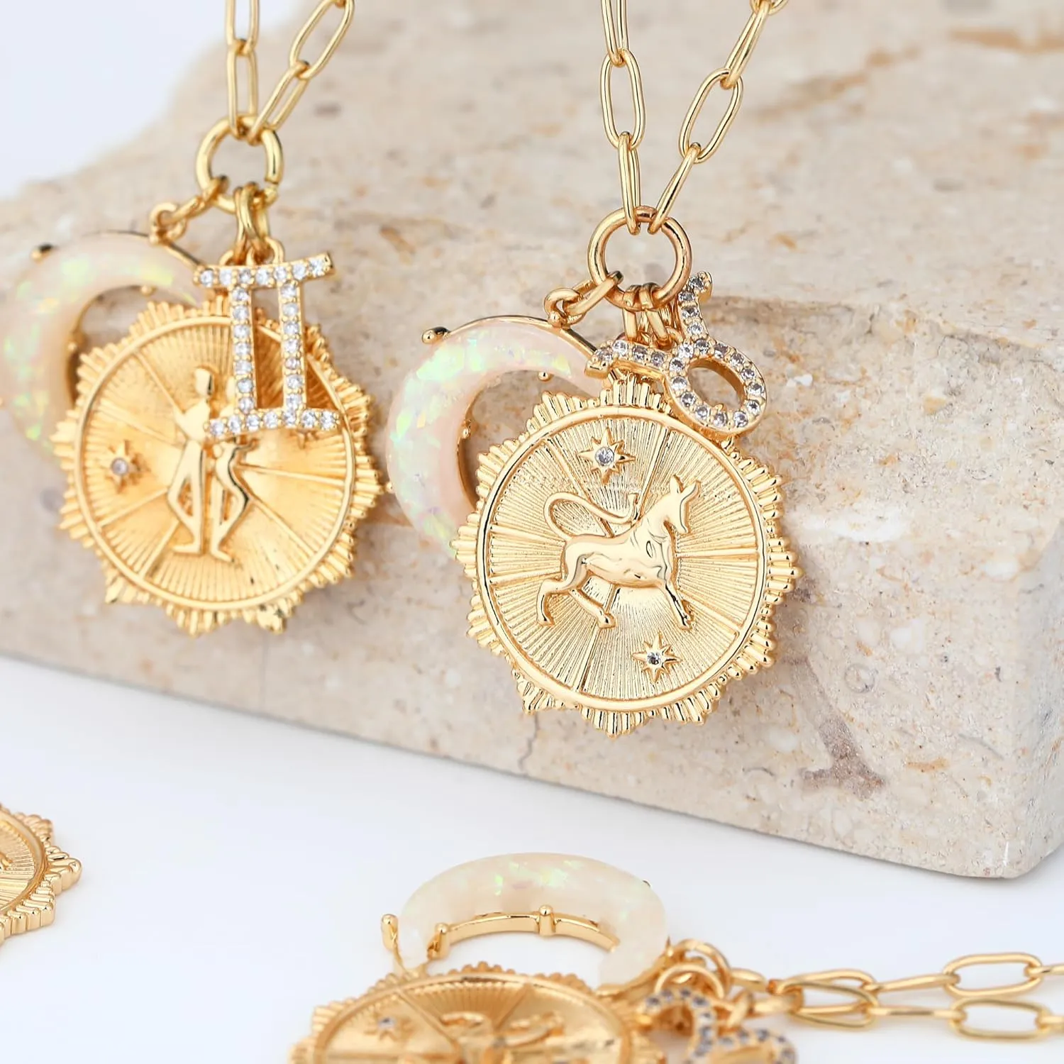 MISS RIGHT Gold Zodiac Sign Coin Necklace with Opal Crescent Moon Charm for Women Trendy, Dainty Gold Paperclip Chain 12 Constellation Horoscope Necklaces Astrology Jewelry Gifts