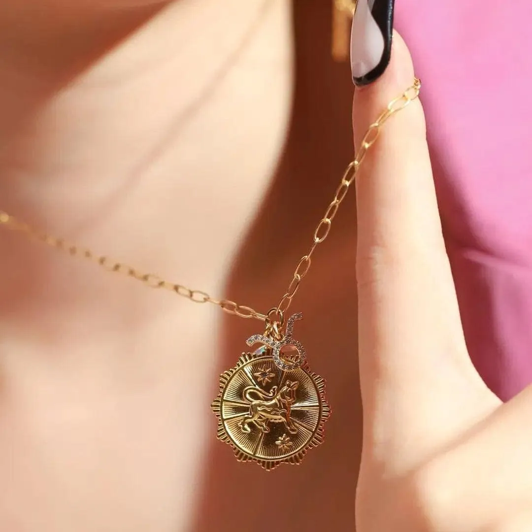 MISS RIGHT Gold Zodiac Sign Coin Necklace with Opal Crescent Moon Charm for Women Trendy, Dainty Gold Paperclip Chain 12 Constellation Horoscope Necklaces Astrology Jewelry Gifts
