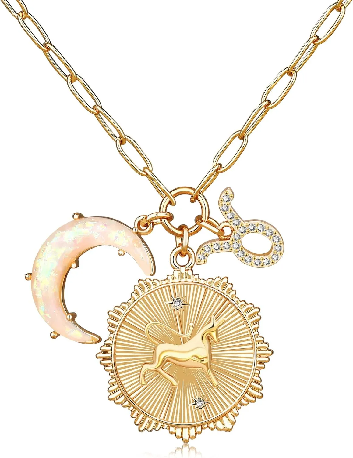 MISS RIGHT Gold Zodiac Sign Coin Necklace with Opal Crescent Moon Charm for Women Trendy, Dainty Gold Paperclip Chain 12 Constellation Horoscope Necklaces Astrology Jewelry Gifts