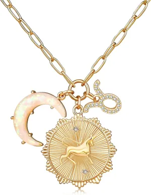 MISS RIGHT Gold Zodiac Sign Coin Necklace with Opal Crescent Moon Charm for Women Trendy, Dainty Gold Paperclip Chain 12 Constellation Horoscope Necklaces Astrology Jewelry Gifts