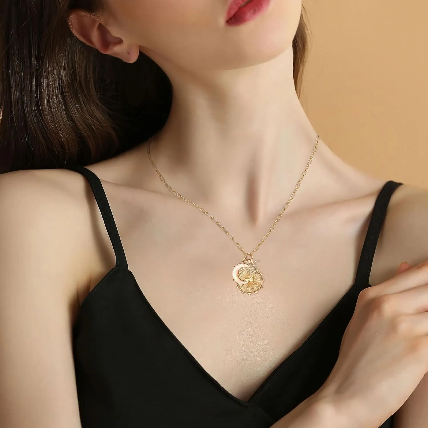 MISS RIGHT Gold Zodiac Sign Coin Necklace with Opal Crescent Moon Charm for Women Trendy, Dainty Gold Paperclip Chain 12 Constellation Horoscope Necklaces Astrology Jewelry Gifts