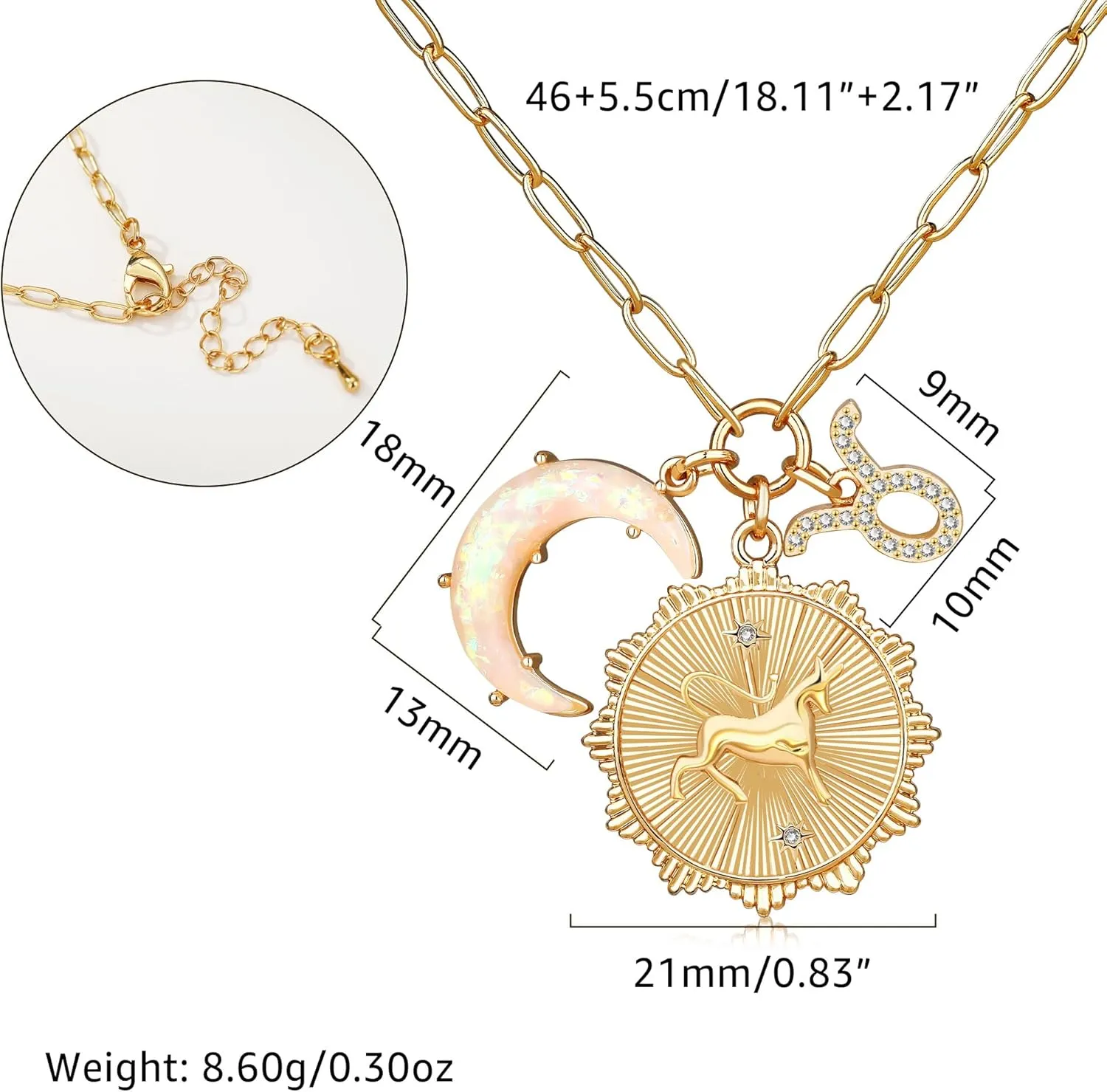 MISS RIGHT Gold Zodiac Sign Coin Necklace with Opal Crescent Moon Charm for Women Trendy, Dainty Gold Paperclip Chain 12 Constellation Horoscope Necklaces Astrology Jewelry Gifts