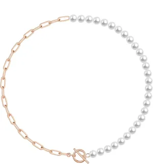 MJartoria Pearl Choker Necklace, 14K Gold Plated Paperclip Chain Necklace for Women, Toggle Clasp, Dainty Half Pearl Half Chain Necklace Trendy Jewelry Birthday Gifts