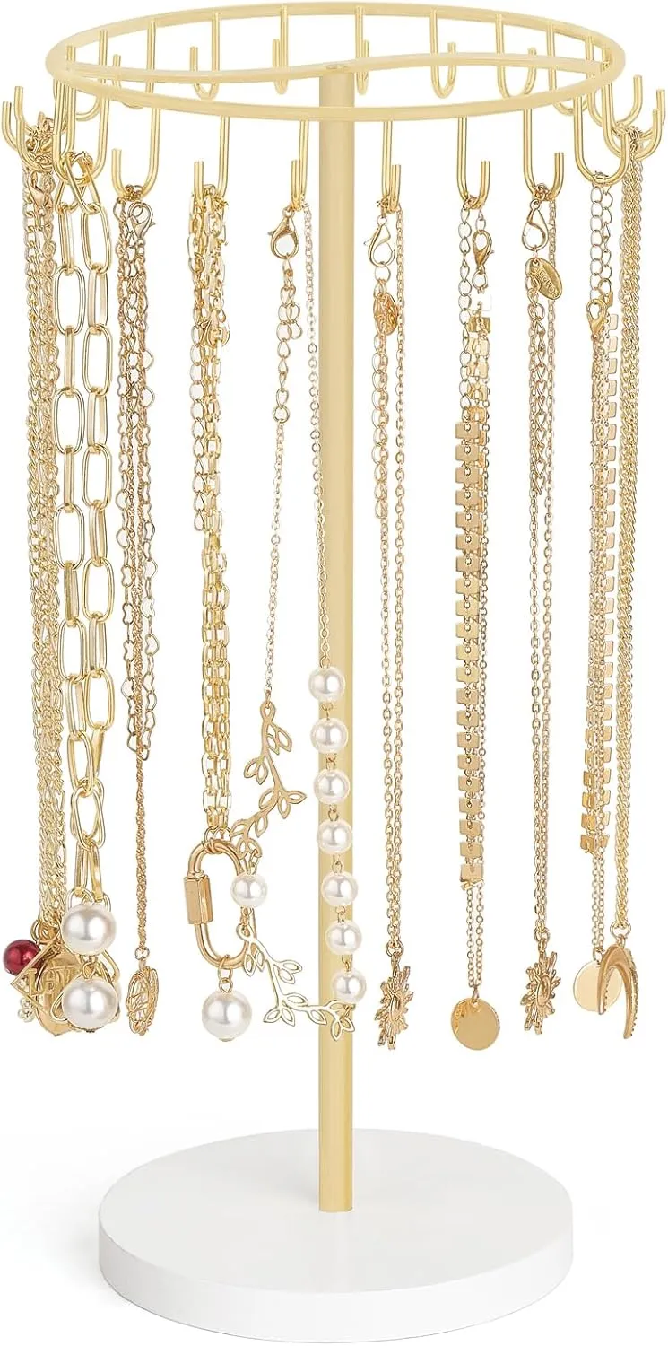Mkono Necklace Holder Metal Jewelry Display Stand Necklace Organizer with 22 Hooks for Storage and Hanging Bracelet Keychain Home Room Deocr for Women,Gold