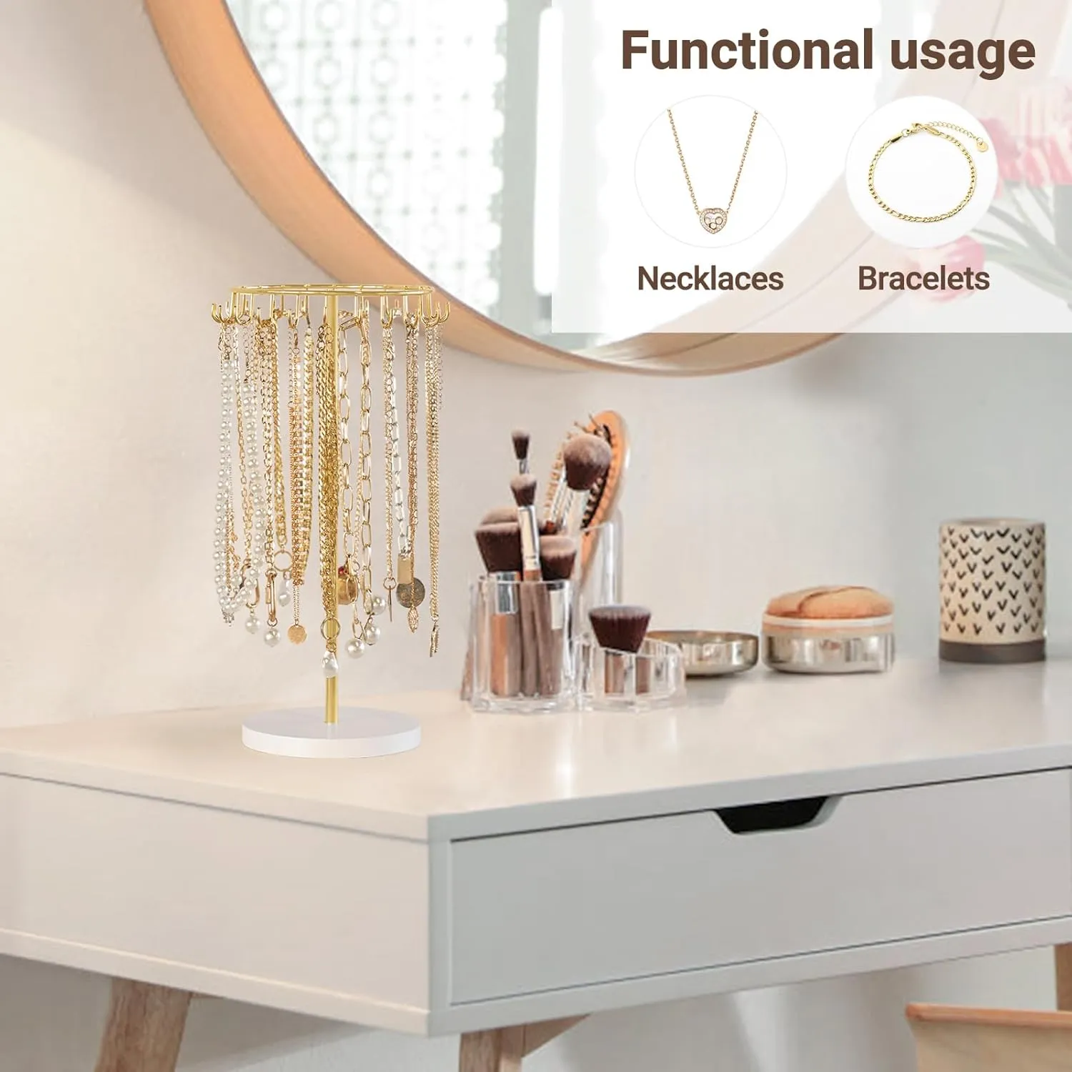 Mkono Necklace Holder Metal Jewelry Display Stand Necklace Organizer with 22 Hooks for Storage and Hanging Bracelet Keychain Home Room Deocr for Women,Gold