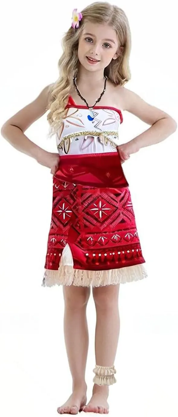 Moana Costume for Girls Adventure Outfit Ocean Princess Birthday Party Dress Up with Necklace & Anklet Accesories