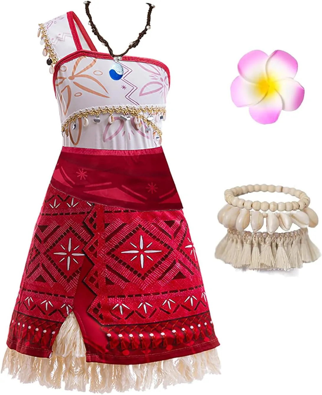 Moana Costume for Girls Adventure Outfit Ocean Princess Birthday Party Dress Up with Necklace & Anklet Accesories