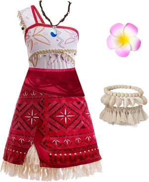 Moana Costume for Girls Adventure Outfit Ocean Princess Birthday Party Dress Up with Necklace & Anklet Accesories