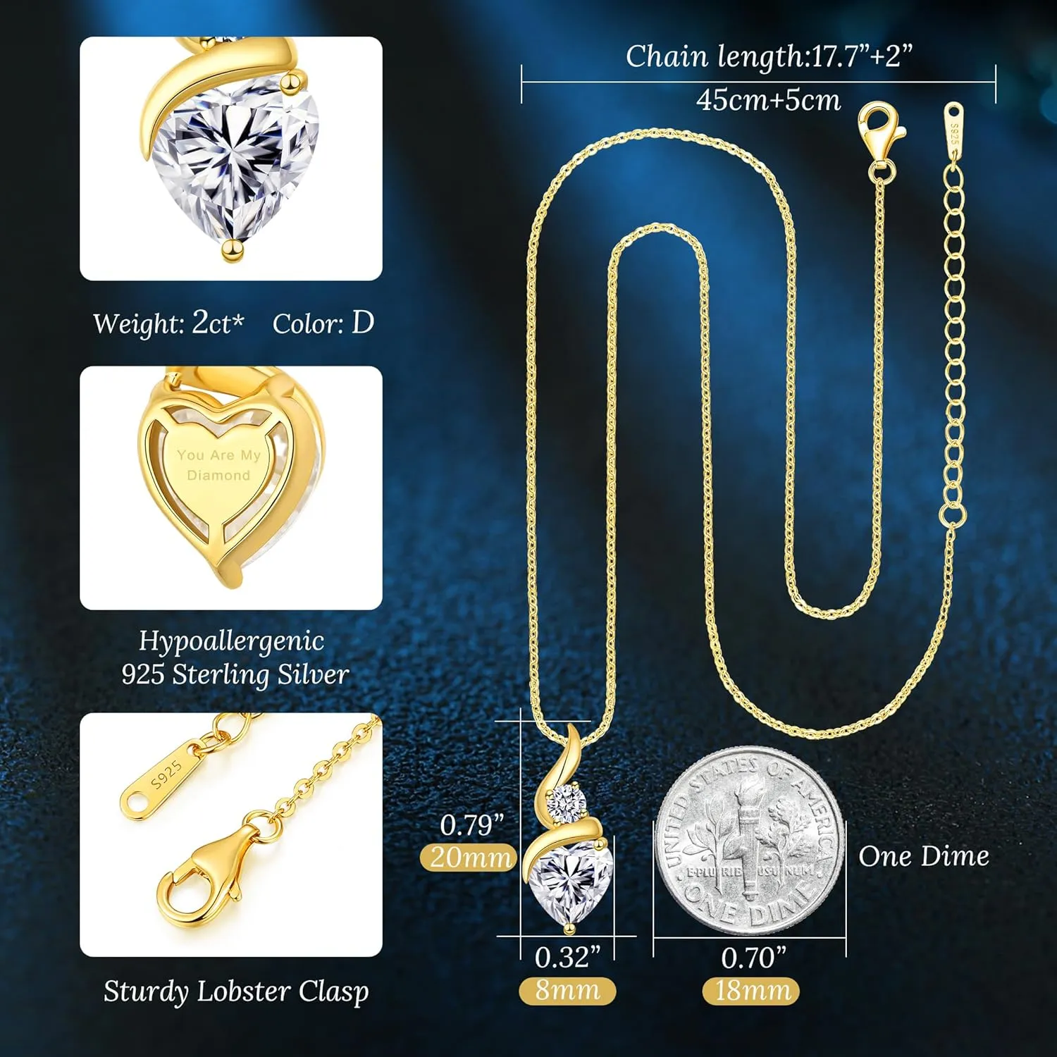 Moissanite Heart Pendant Necklaces for Women925 Sterling Silver Gold Plating Necklace with BirthstoneIdeal Anniversary Present or Birthday Christmas Valentine Engagements Mothers Day Jewelry Gifts for Mom Wife Her Girlfriend