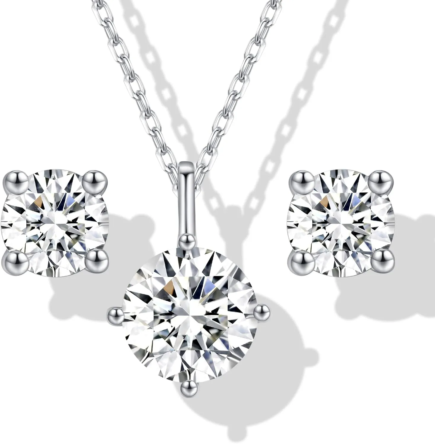 Moissanite Necklace and Earring Sets for Women | White Gold Plated 925 Sterling Silver Diamond Jewelry Sets for Women | 2CT Diamond Pendant Necklaces and Earring Set for Mom (White gold, White)