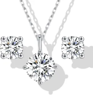 Moissanite Necklace and Earring Sets for Women | White Gold Plated 925 Sterling Silver Diamond Jewelry Sets for Women | 2CT Diamond Pendant Necklaces and Earring Set for Mom (White gold, White)