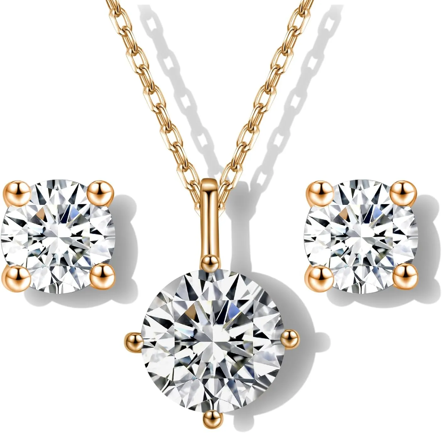 Moissanite Necklace and Earring Sets for Women | White Gold Plated 925 Sterling Silver Diamond Jewelry Sets for Women | 2CT Diamond Pendant Necklaces and Earring Set for Mom (Yellow gold, White)