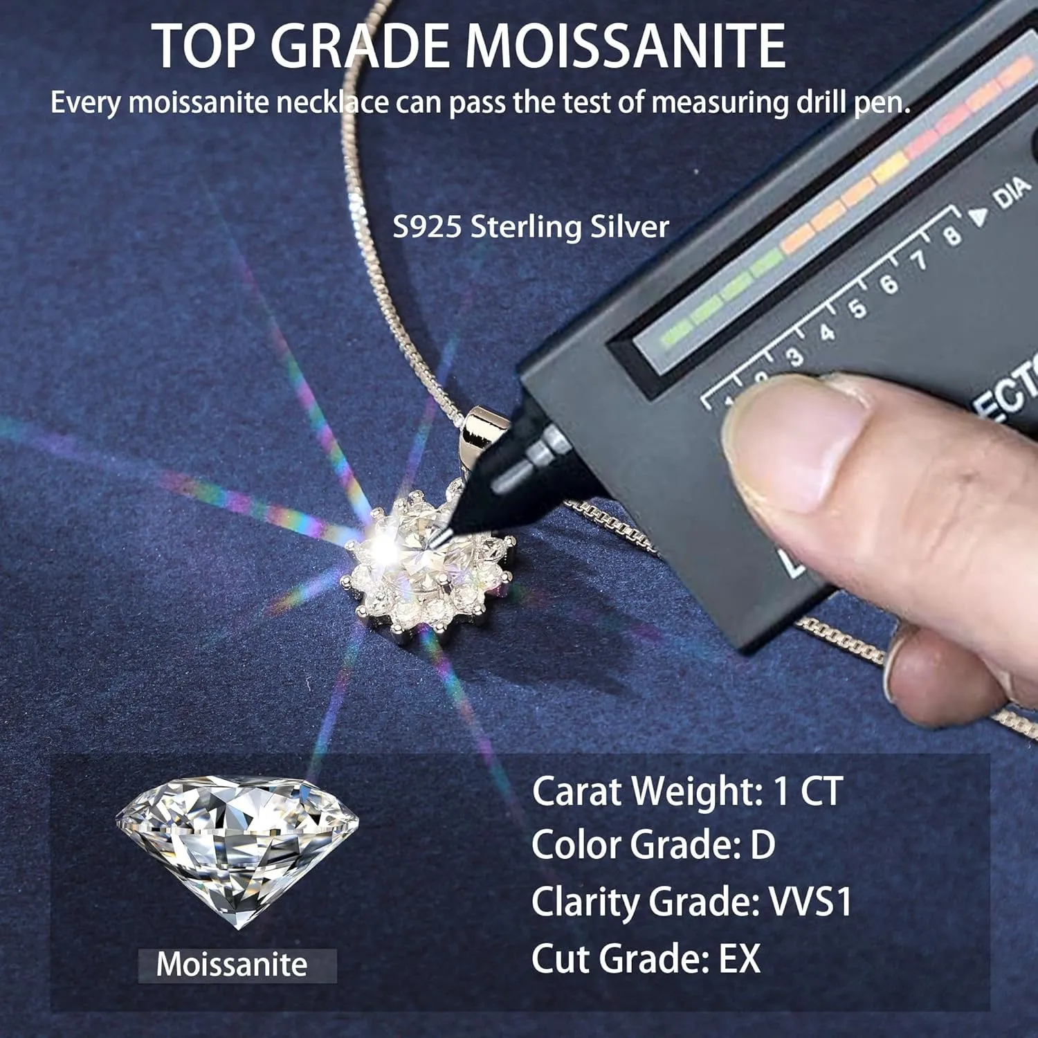 Moissanite Necklaces for Women, Adjustable 925 Sterling Silver, 1CT D Color Moissanite Pendant Jewelry Gift for Women, Anniversary Mother's Day Valentines Christmas Gift with GRA Certificate
