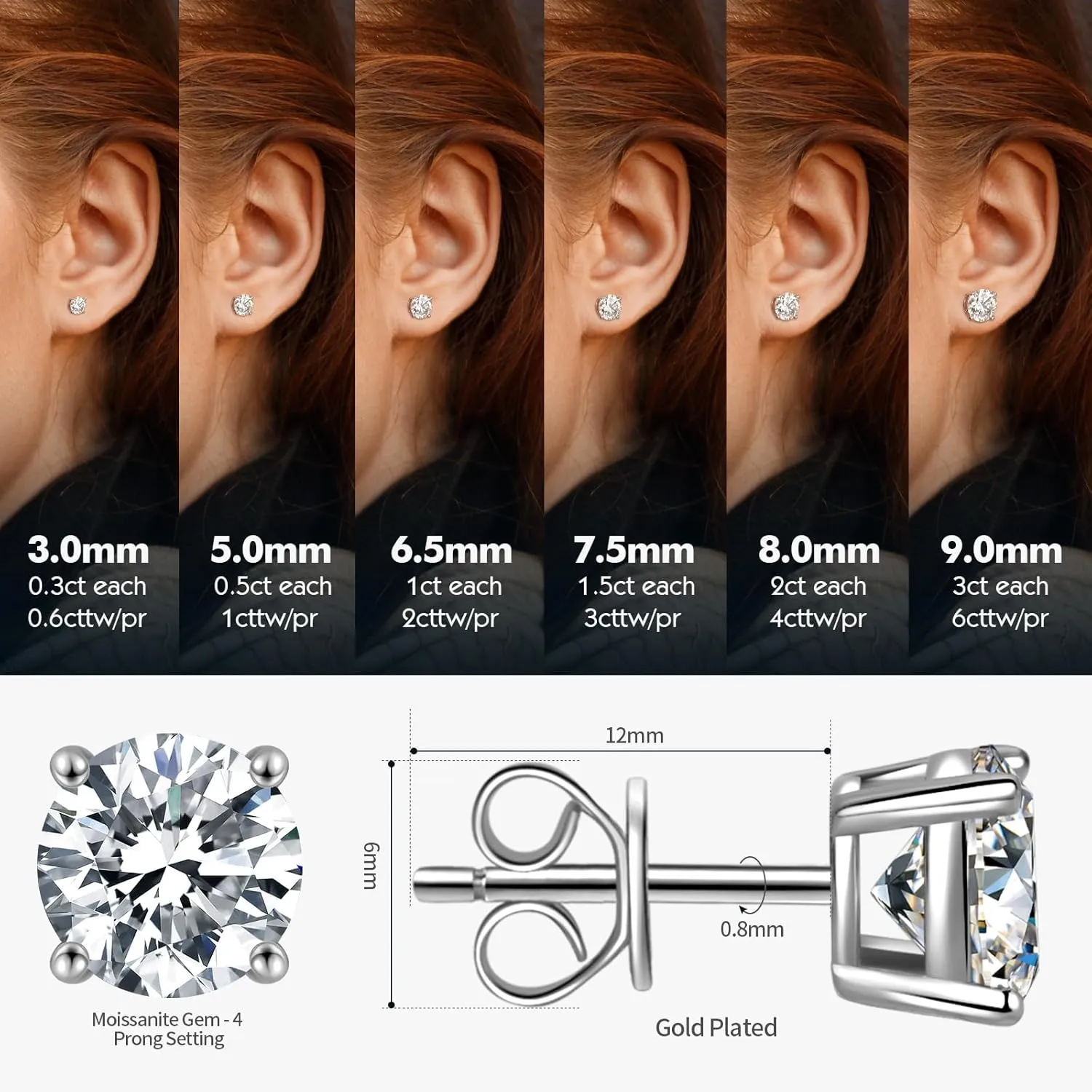 Moissanite Stud Earrings for Women Men, 0.6-6CT D Color Round Cut Four Prong Moissanite Earrings,18K Gold Plated Silver Lab Created Moissanite Earrings