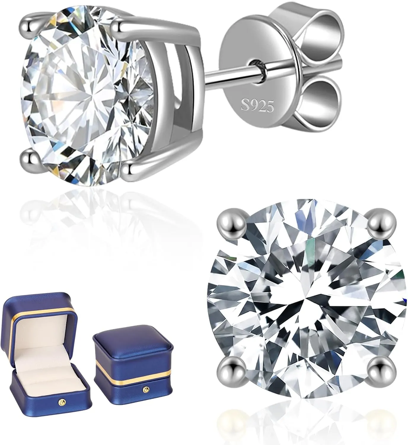 Moissanite Stud Earrings for Women Men, 0.6-6CT D Color Round Cut Four Prong Moissanite Earrings,18K Gold Plated Silver Lab Created Moissanite Earrings