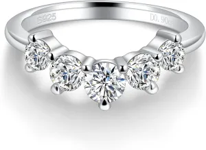Moissanite Wedding Band for Women 5 Stone Stackable Moissanite Half Eternity Ring Curved 18K White Gold Plated 925 Sterling Silver Round Cut D Color VVS1 Guard Enhancer Size 4-11