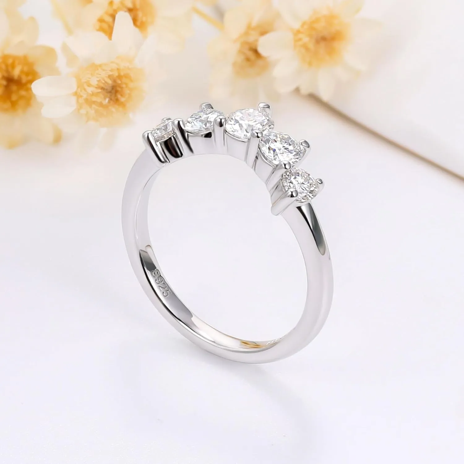 Moissanite Wedding Band for Women 5 Stone Stackable Moissanite Half Eternity Ring Curved 18K White Gold Plated 925 Sterling Silver Round Cut D Color VVS1 Guard Enhancer Size 4-11