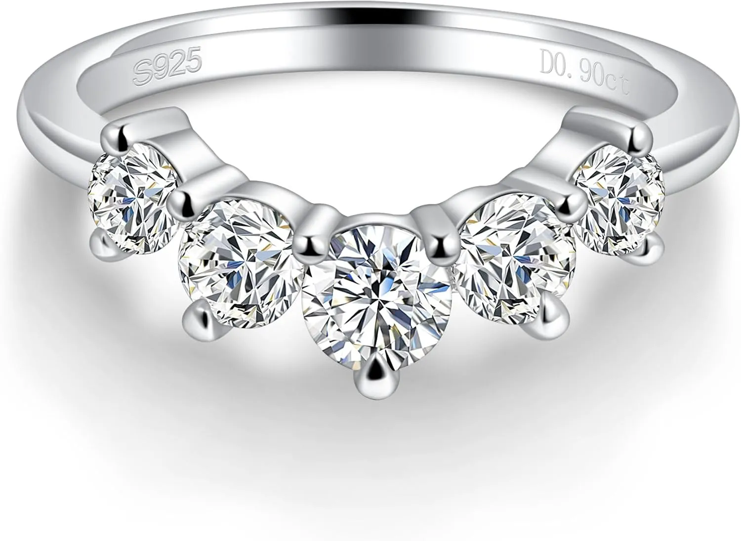 Moissanite Wedding Band for Women 5 Stone Stackable Moissanite Half Eternity Ring Curved 18K White Gold Plated 925 Sterling Silver Round Cut D Color VVS1 Guard Enhancer Size 4-11