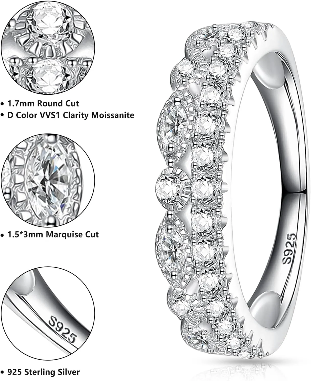 Moissanite Wedding Band Half Eternity Ring 925 Sterling Silver D Color VVSI Clarity Imitation Diamond Rings 11 Stone Wedding Anniversary Stackable Ring for Women Size 5-9