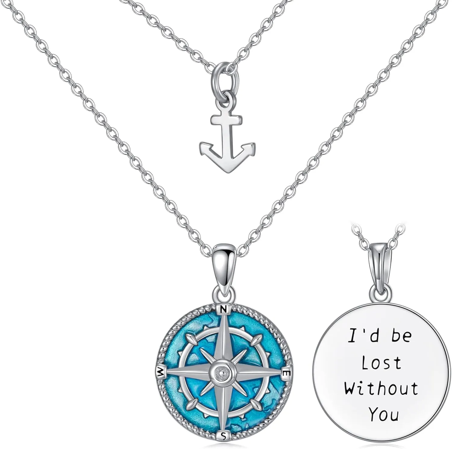MONGAS Compass Layered Necklace Sterling Silver Compass Anchor Pendant Compass Jewelry I D Be Lost With You Necklece for Women
