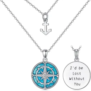 MONGAS Compass Layered Necklace Sterling Silver Compass Anchor Pendant Compass Jewelry I D Be Lost With You Necklece for Women