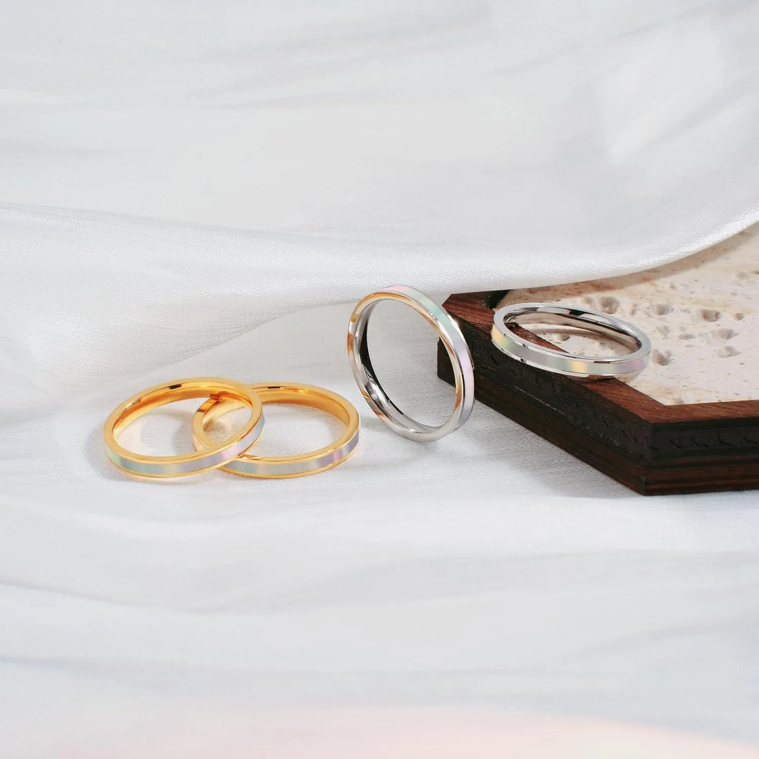 Mother of Pearl Abalone Shell Inlay Band Ring for Women,14k Gold Plated Titanium and Stainless Steel Band Rings