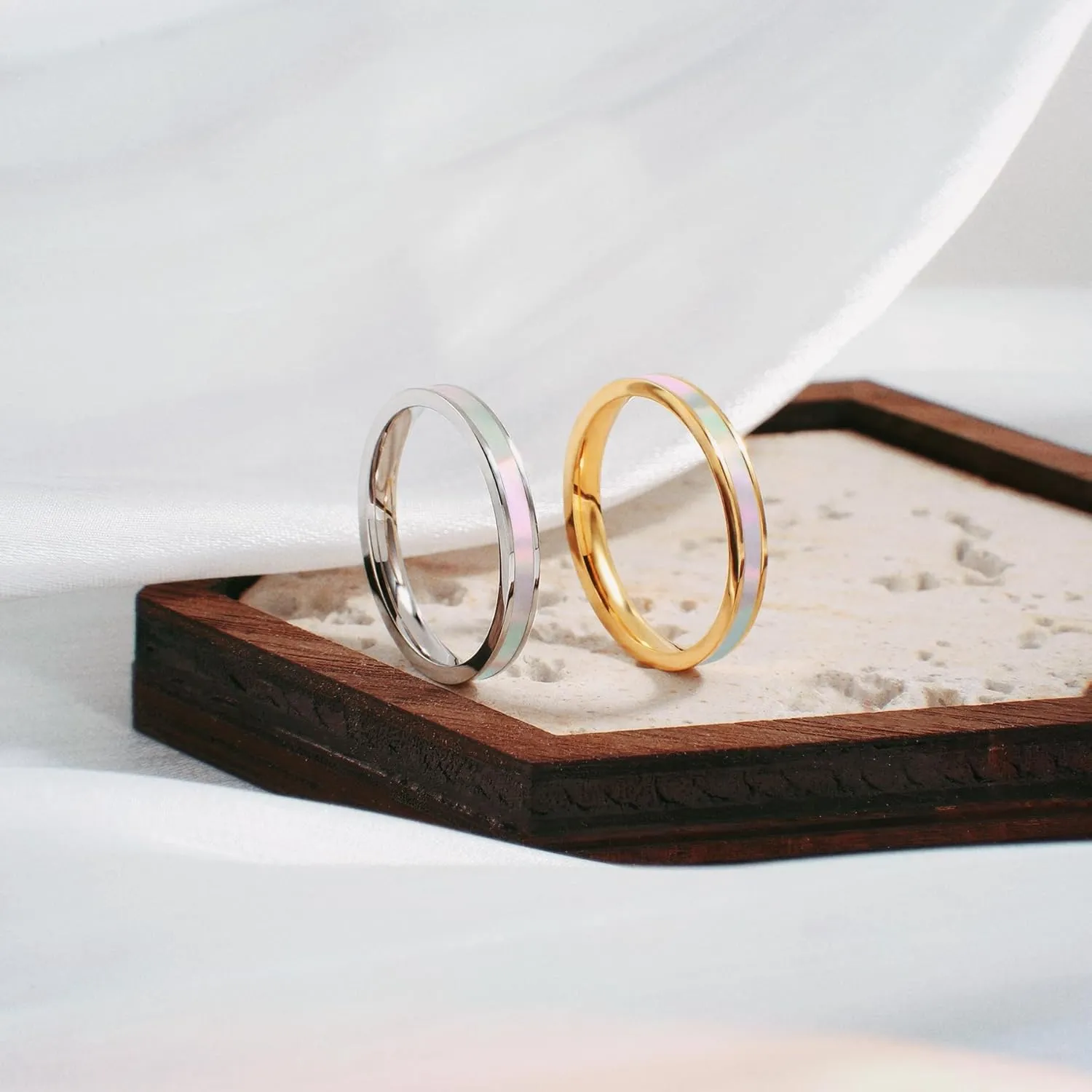 Mother of Pearl Abalone Shell Inlay Band Ring for Women,14k Gold Plated Titanium and Stainless Steel Band Rings