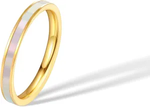 Mother of Pearl Abalone Shell Inlay Band Ring for Women,14k Gold Plated Titanium and Stainless Steel Band Rings