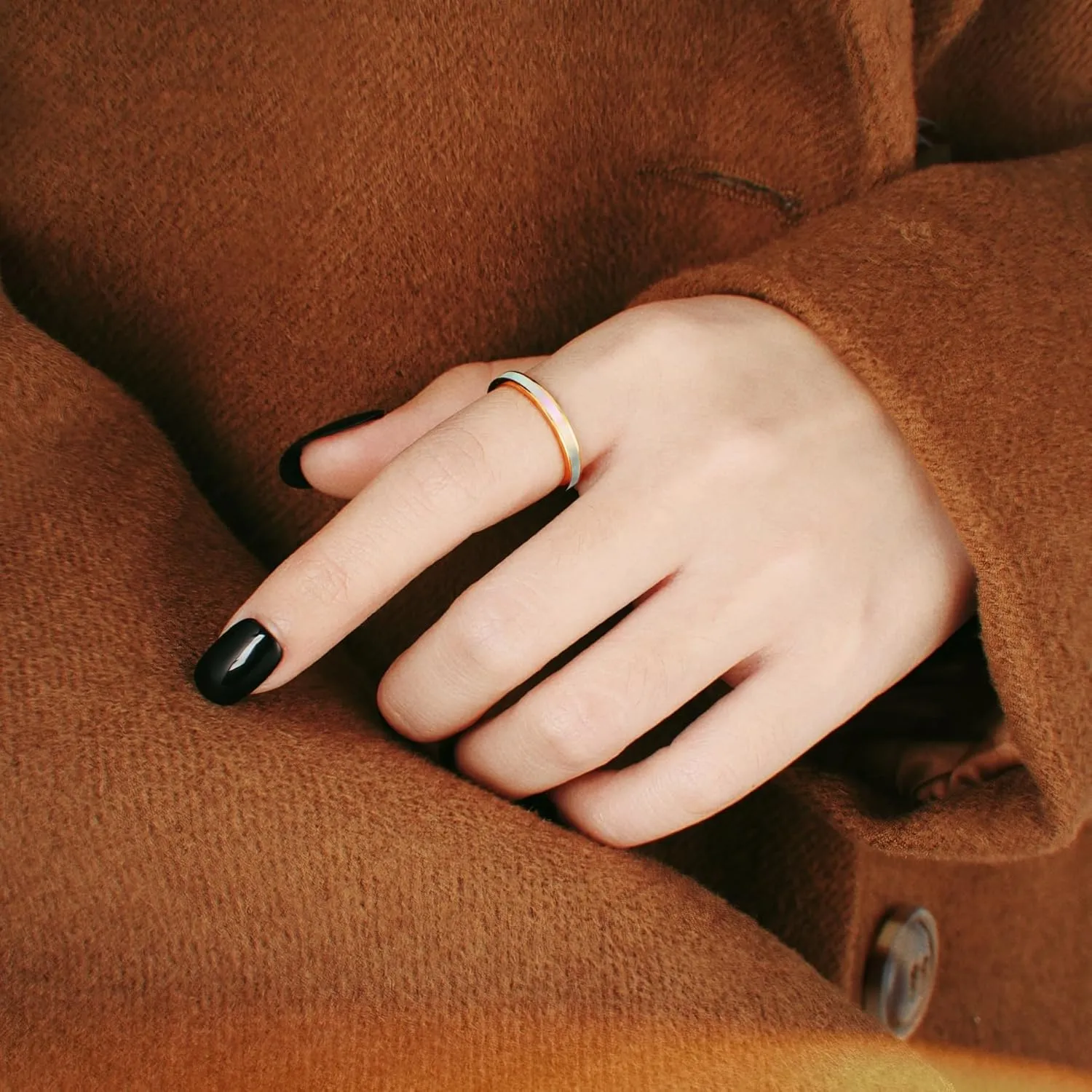 Mother of Pearl Abalone Shell Inlay Band Ring for Women,14k Gold Plated Titanium and Stainless Steel Band Rings