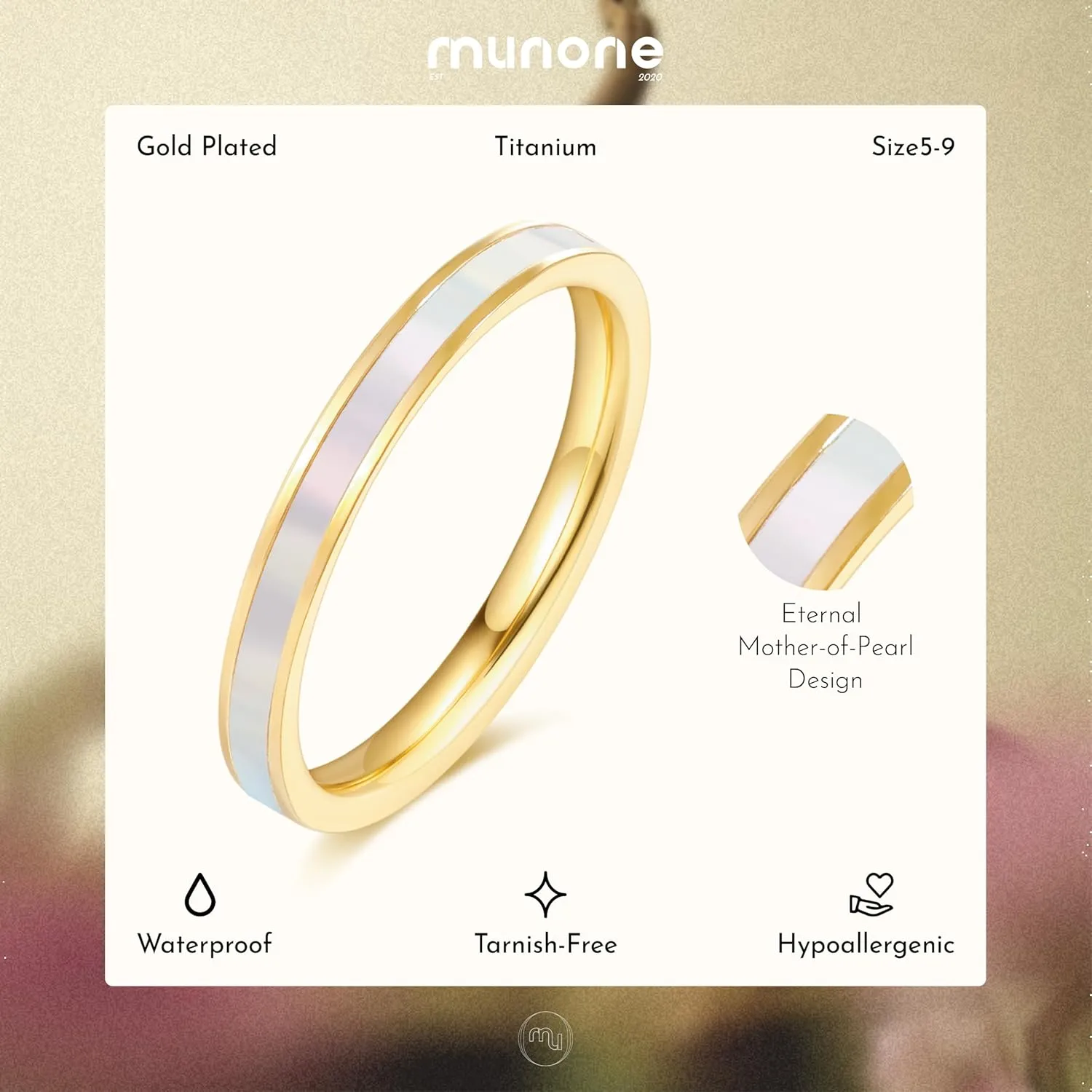 Mother of Pearl Abalone Shell Inlay Band Ring for Women,14k Gold Plated Titanium and Stainless Steel Band Rings