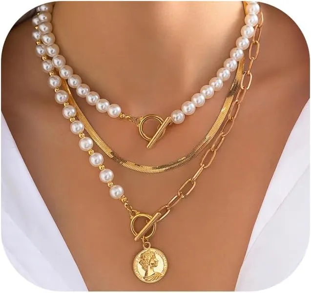Multi-layered Pearl Chest Chain Necklace Wedding Bridal Pearl Clavicle Necklace Metal Flat Collar Necklace Jewelry for Women