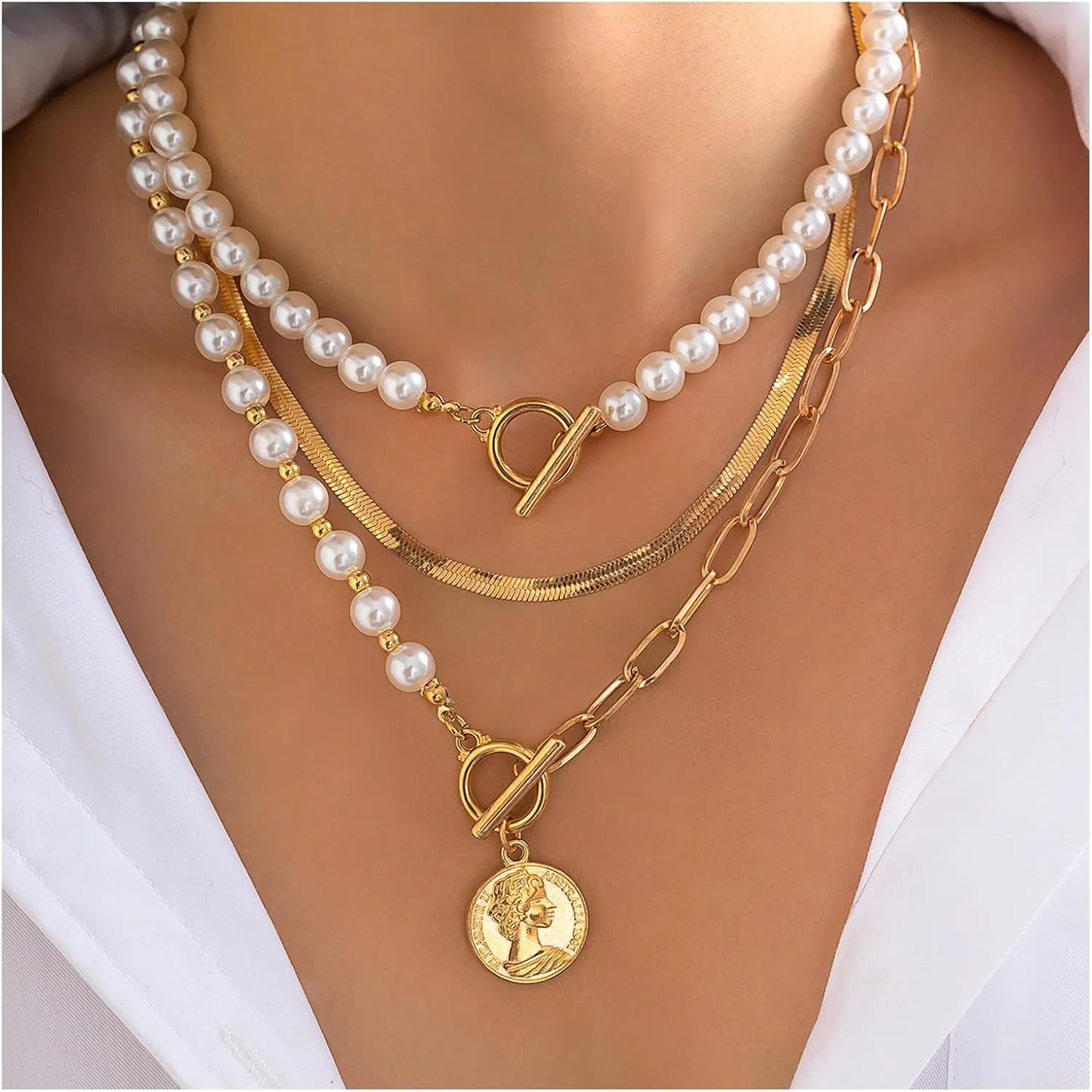 Multi-layered Pearl Chest Chain Necklace Wedding Bridal Pearl Clavicle Necklace Metal Flat Collar Necklace Jewelry for Women