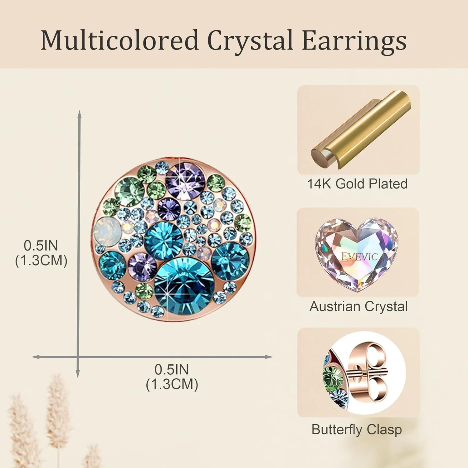 Multicolored Austrian Crystal Rhinestone Stud Earrings for Women Fashion S925 Sterling Silver Hypoallergenic Jewelry
