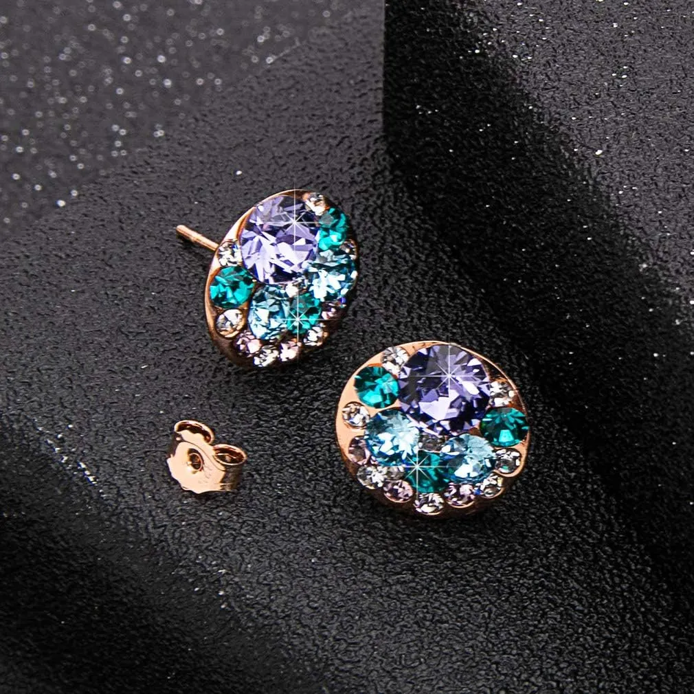 Multicolored Austrian Crystal Rhinestone Stud Earrings for Women Fashion S925 Sterling Silver Hypoallergenic Jewelry