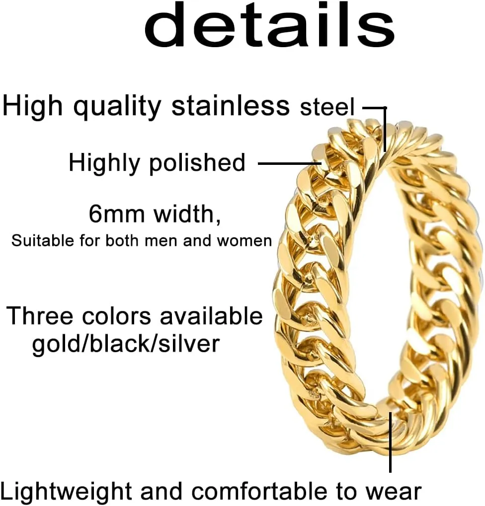 Nanafast 6mm Link Stainless Steel Ring for Women Men, Gold/Black/Silver Cuban Link Rings for Men, Hollow Out Stainless Steel Fashion Womens Rings Gift