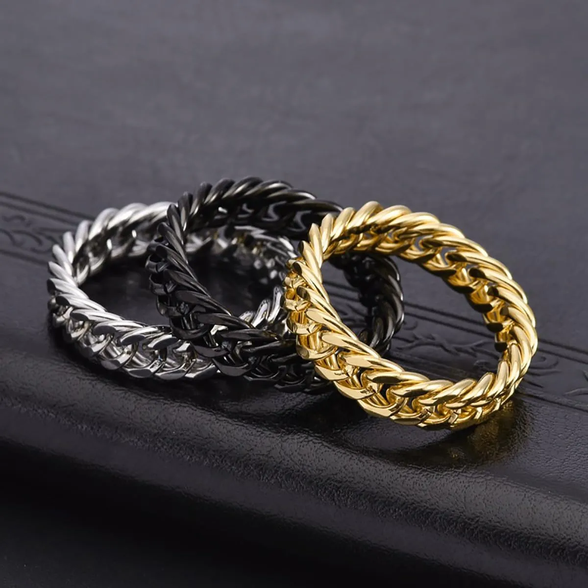 Nanafast 6mm Link Stainless Steel Ring for Women Men, Gold/Black/Silver Cuban Link Rings for Men, Hollow Out Stainless Steel Fashion Womens Rings Gift