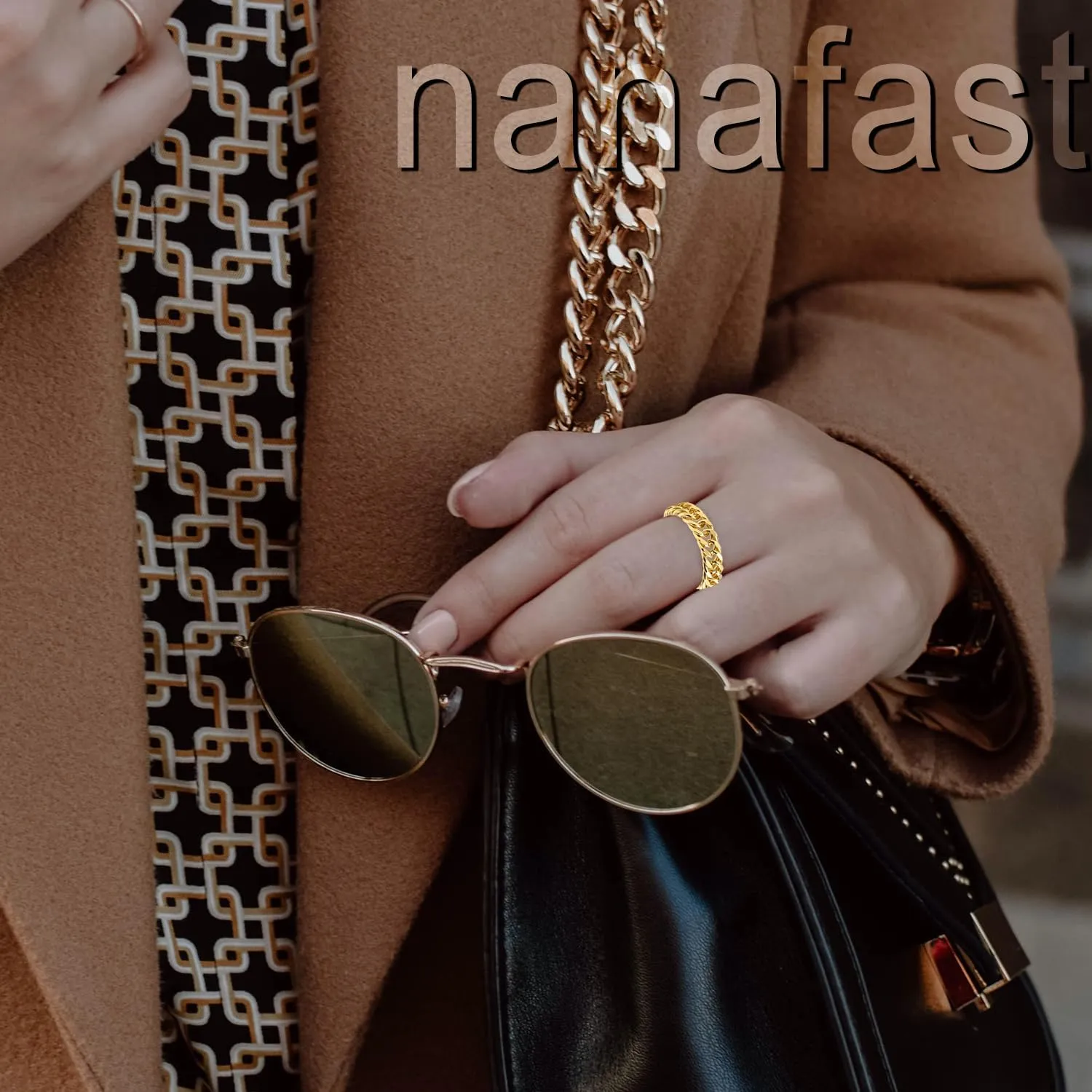 Nanafast 6mm Link Stainless Steel Ring for Women Men, Gold/Black/Silver Cuban Link Rings for Men, Hollow Out Stainless Steel Fashion Womens Rings Gift