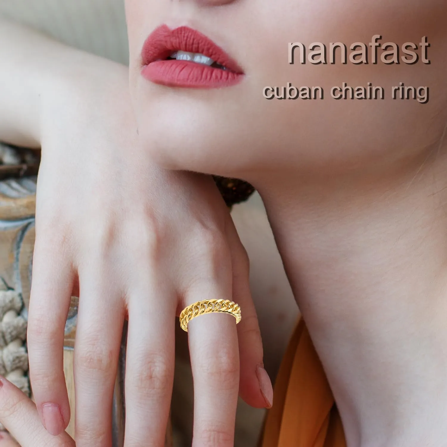 Nanafast 6mm Link Stainless Steel Ring for Women Men, Gold/Black/Silver Cuban Link Rings for Men, Hollow Out Stainless Steel Fashion Womens Rings Gift